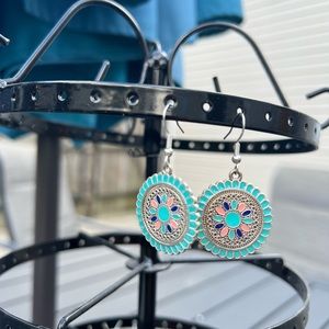Pink and blue mandala style earrings